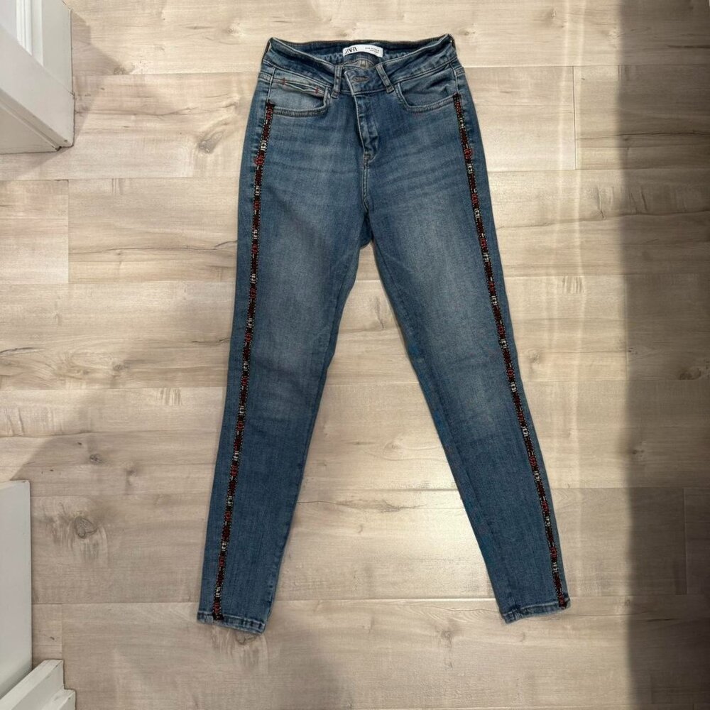 ZARA Blue high-waisted skinny jeans with sequin stripe detail